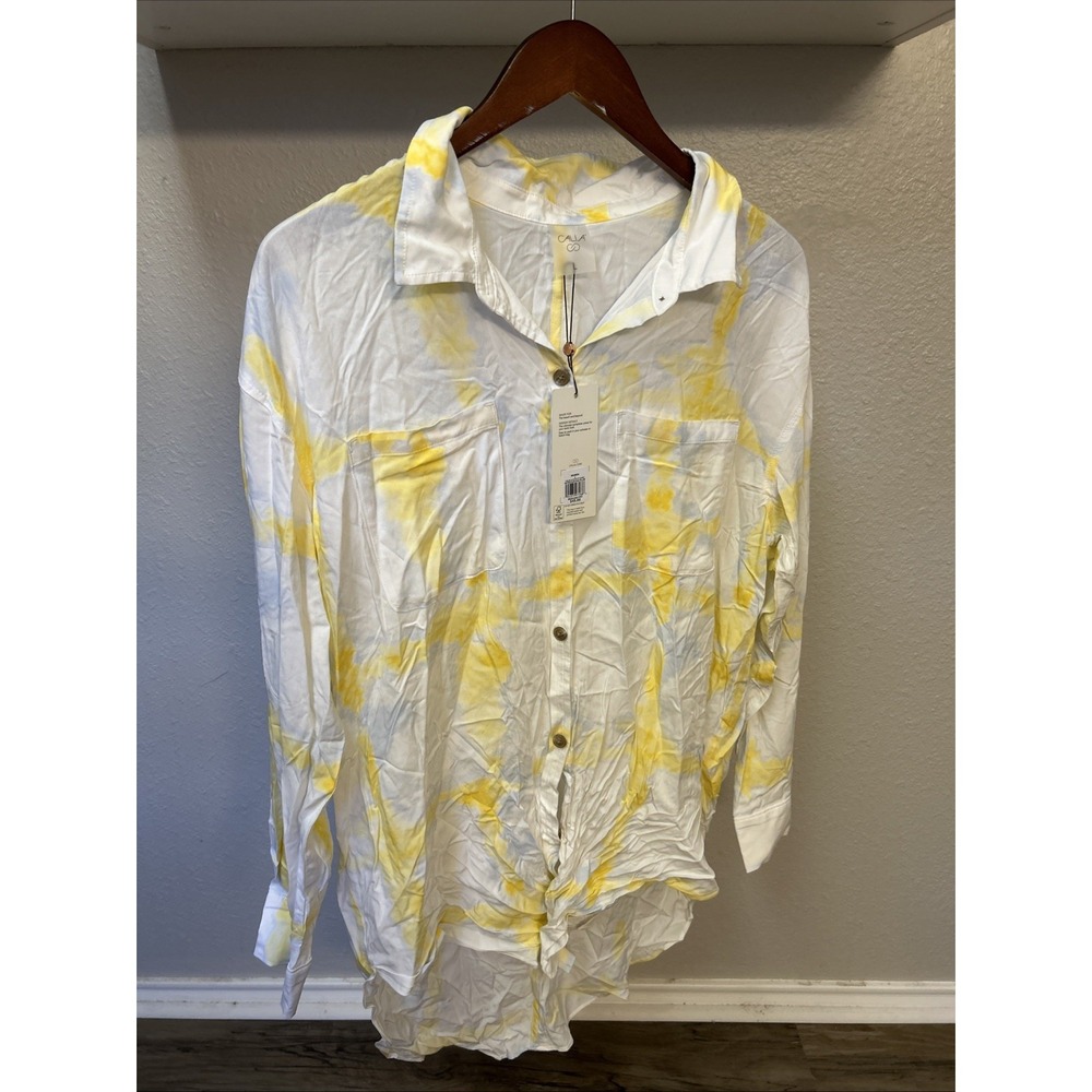 CALIA Oversized Long Sleeve Button Down Swim Cover Up, White ButterYellow Size L